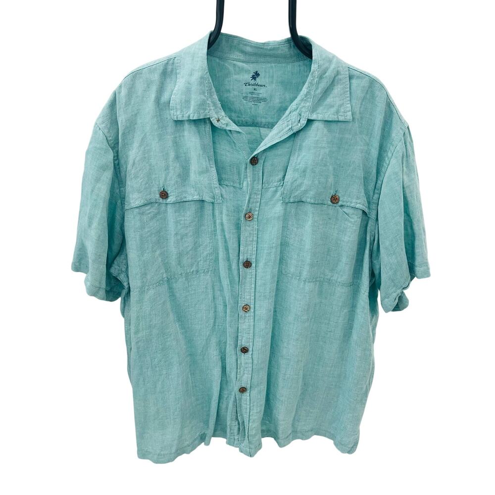 Caribbean Men Large L Linen Blend Short Sleeve Button Up Mint Aqua Camp Shirt